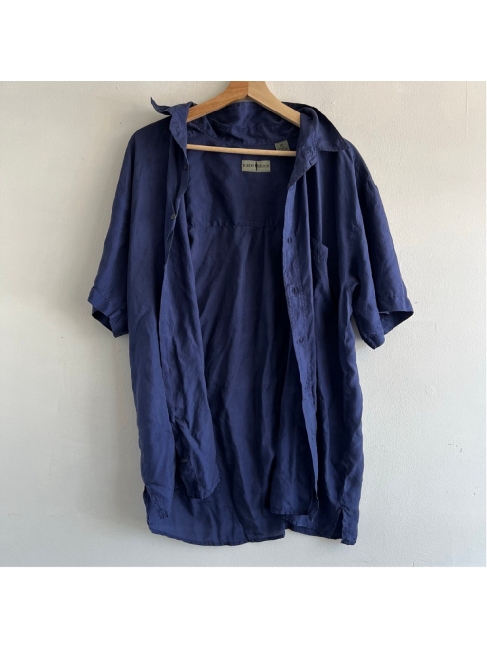 100% Silk ROBERT STOCK Navy Casual Button Down Shirt M